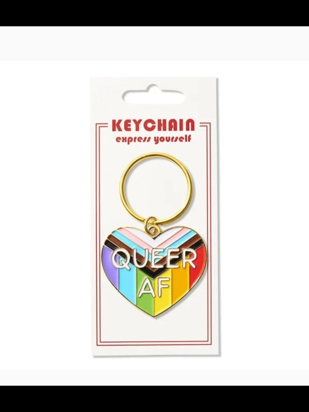 Rainbow 'QUEER AF' Heart Keychain - Gold Tone